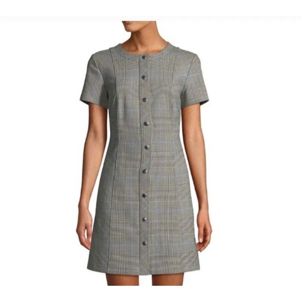 Theory Easy Snap Shift Dress w/ Pockets, Gray Windowpane Plaid, Women's Size L